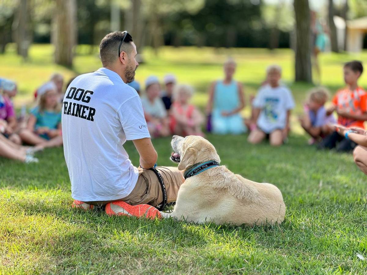Entraîneur de Chiens au Parc Un homme dans un t-shirt blanc disant Entraîneur de Chiens s'assoit sur la pelouse en écoutant les enfants.