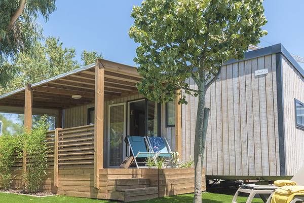 Campingplads med en autocamper og en telt under en baldakin i skyggen af træer.