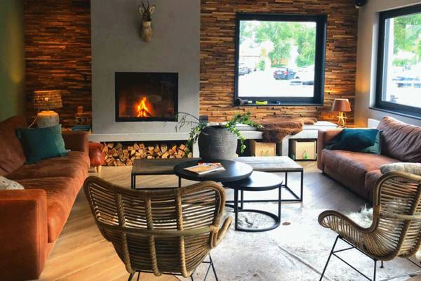 Interno del campeggio Papillon Country Resort con due divani, un camino e pareti in legno.
