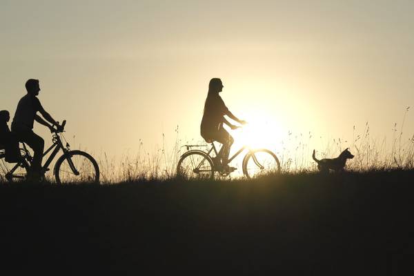 Siluetas de una familia montando en bicicleta con un perro al atardecer