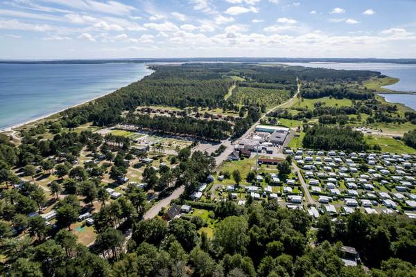 Vista aérea del camping Feddet Strand Resort con playa, árboles y edificios