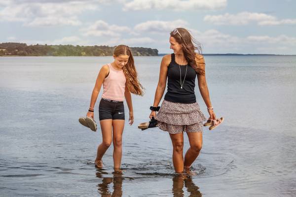 Dos mujeres en el camping Feddet Strand Resort, caminando junto al agua, sosteniendo sandalias.