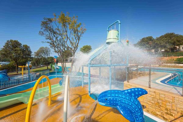 Parc aquatique au Camping Vestar avec une fontaine en forme de dauphin bleu et des toboggans.
