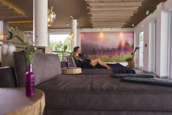 Par, der slapper af på en sofa i loungeområdet på Camping Resort Bodenmais.