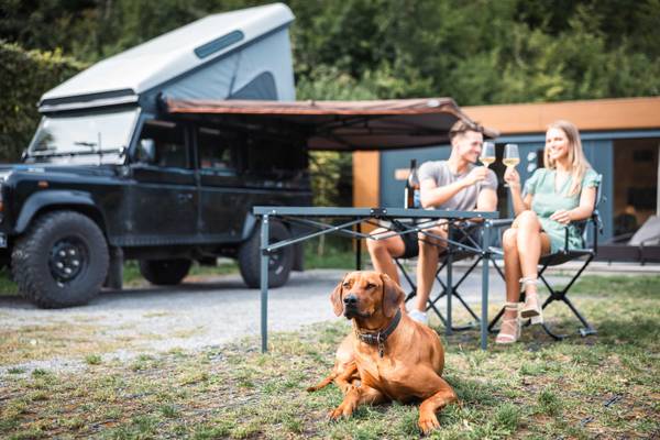 Pareja con perro sentados en una mesa frente a un Jeep en un camping