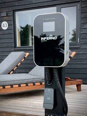 Cargador de auto eléctrico Inferno Power en el camping Feddet Strand Resort en una terraza de madera con tumbonas y un edificio negro al fondo.