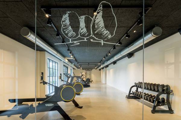 Fitnessrum på campingplads Vakantiepark De Twee Bruggen med glasvægge, træningsudstyr og dekorative vægtegninger.