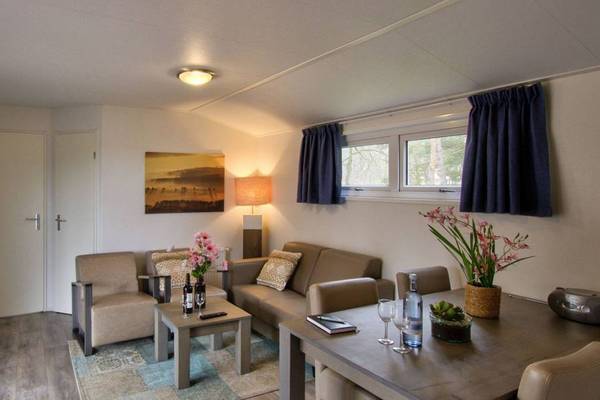 Interior of a campsite living room with beige furniture, blue curtains, and a painting on the wall.