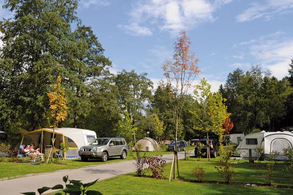 Campingplatz mit mehreren Zelten, Autos und Menschen, die sich auf dem Gras entspannen.