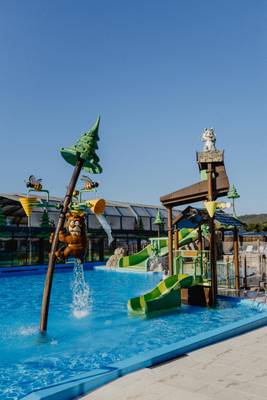 Waterpark in Europacamping Nommerlayen met beerstandbeeld en glijbanen.