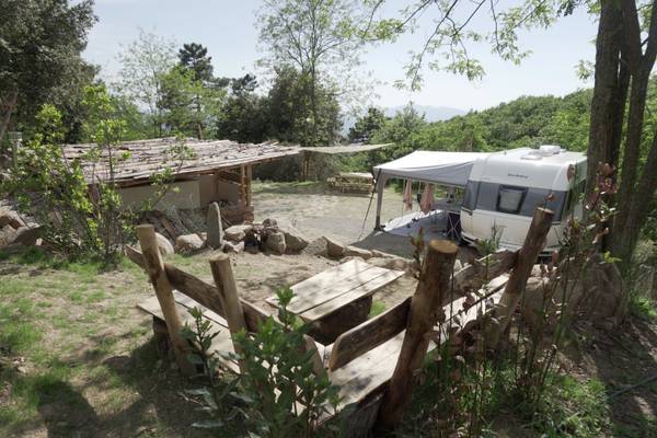 Campingplatz Barco Reale mit Camper und Holzbank