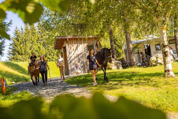 Bambini con cavalli in un campeggio in campagna