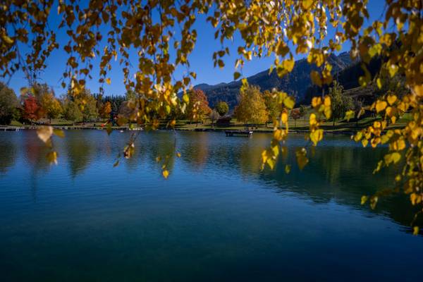 Lago con fogliame autunnale e montagne sullo sfondo.
