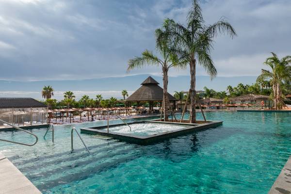 Espace piscine extérieure au La Marina Camping & Resort avec deux palmiers et un gazebo.