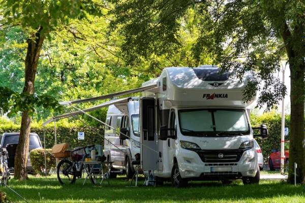 Frankia autocamper parkeret i skyggen på en campingplads med træer og buske.