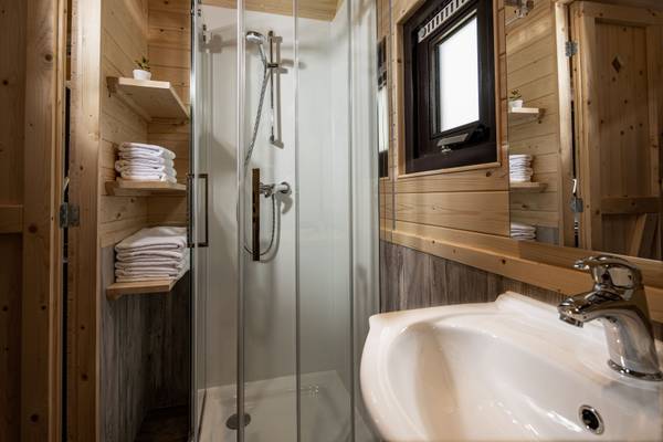 Badezimmer im Camping Resort Allweglehen mit Dusche und Holzwänden