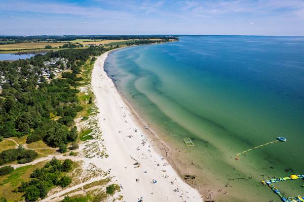 Vista aérea del camping Feddet Strand con playa, agua y árboles