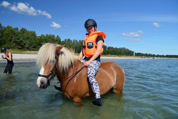 Una mujer con un chaleco salvavidas monta un caballo en aguas poco profundas en Feddet Strand Resort.