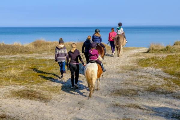 Un grupo de personas cabalga a caballos en un camino de arena cerca del mar en Feddet Strand Resort