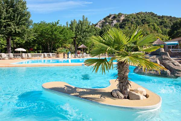 Camping Nature Parc L`Ardéchois piscina con una palmera en el centro