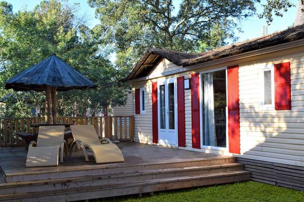 Een gezellige campinghut met terras, ligstoelen en een parasol