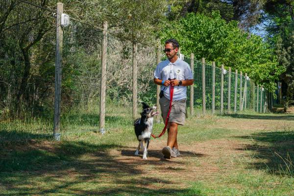 Hombre paseando a su perro en el camping Union Lido Mare.
