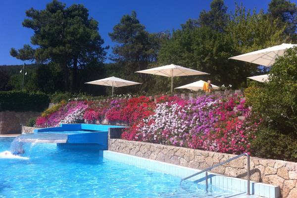 Campsite with swimming pool and flower wall under umbrellas