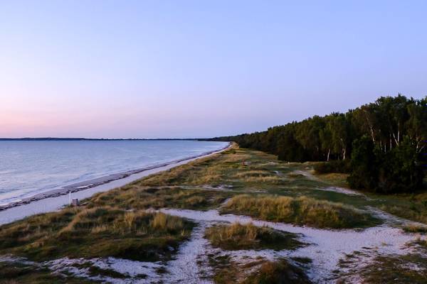 Vista aérea del camping Feddet Strand Resort con playa, árboles y océano