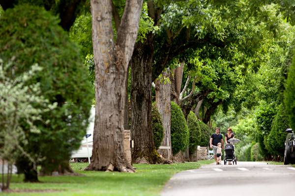 Una familia camina por un camino en el camping Nature Parc L'Ardéchois con árboles y césped.