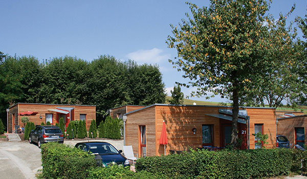 Campsite with wooden holiday homes, cars parked in front, and a tree.